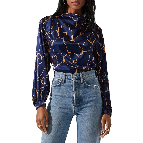 ASTR The Label Women's Veronica Cutout Cowl Neck Long Sleeve Satin Blouse Top - Picture 1 of 4